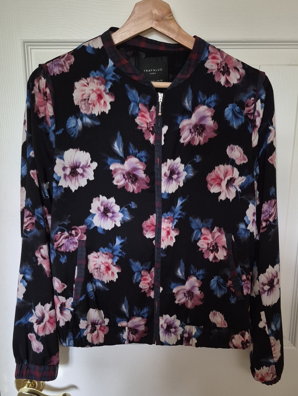 Zara Trafaluc Floral  Bomber Jacket with Plaid Trim- LG